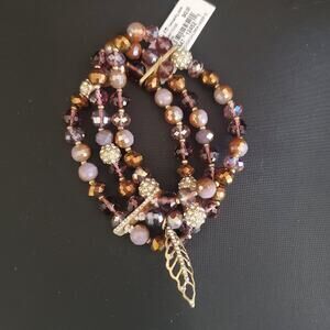 lonna & lilly Stretch Bracelet with Feather Charm Amber and Purple Beads NWT
